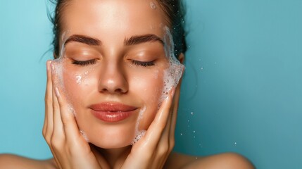 Naklejka premium Portrait of a young beautiful woman wash her face with cleansing face foam. Skincare spa relax concept.