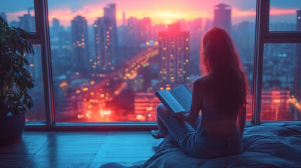Brunette girl reading a book while sitting on bed near a window with a nice view of New York city.  - Powered by Adobe