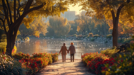 Elderly couple together admiring a lake at the park full of flowers at fall. - obrazy, fototapety, plakaty