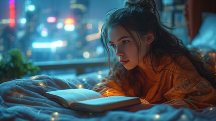 Brunette girl reading a book while laying on bed during evening. 