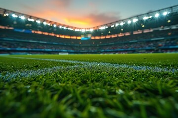 Macro Close-Up of Grass in a Football Stadium. Soccer Field Pitch CloseUp. Generative AI. - obrazy, fototapety, plakaty
