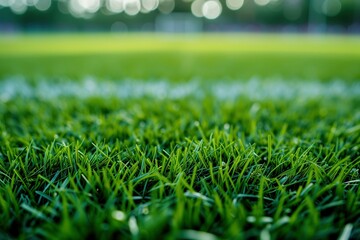 Naklejka premium Macro Close-Up of Grass in a Football Stadium. Soccer Field Pitch CloseUp. Generative AI.