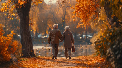Elderly couple together walking towards a lake at the park full of flowers at fall.