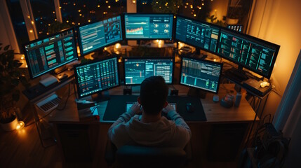 A young man working on his computer at night, watching many screens while typing.