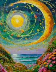 Abstract painting, spiritual, landscape, moon and sun intertwined, pastel colours,  flowers, vines, sunset sky