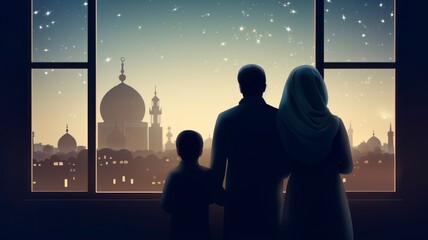 Ramadhan Kareem greetings. Family at the window looking at the Islamic city with a skyline of mosques, crescent moon and stars - generative ai