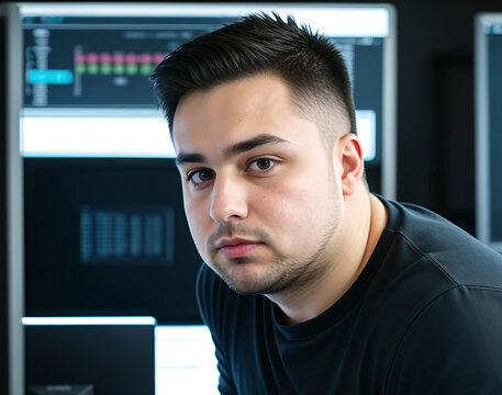 Portrait of hacker man in front of glowing screens. Creativity, innovation, collaboration concept.
