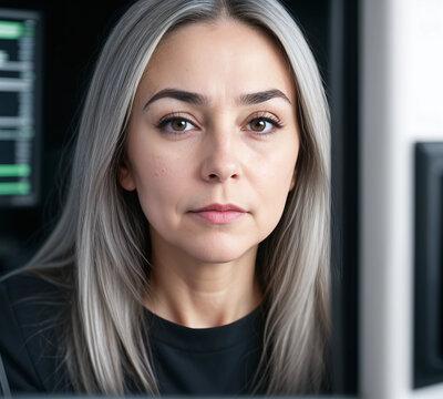 Middle aged software engineer woman surrounded by computers. Efficiency, development, optimization concept.