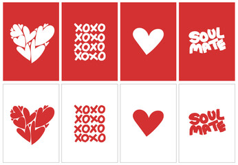 Modern minimal Valentine Postcard Set, Heart Xoxo Soul Mate Red hearts 5x7