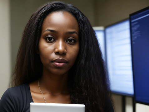 Black middle aged software developer woman in a room of illuminated monitors. Intelligence, progress, productivity concept.