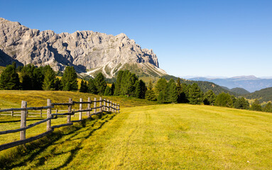 Sunny day among green meadows and pastures against backdrop of high stone peaks in Mont-de-Fornel...