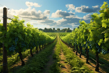 A lush, green vineyard with its vines, trellises, and grapes
