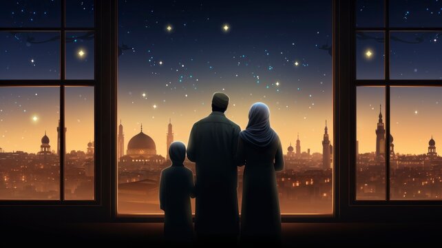 Ramadhan Kareem greetings. Family at the window looking at the Islamic city with a skyline of mosques, crescent moon and stars - generative ai