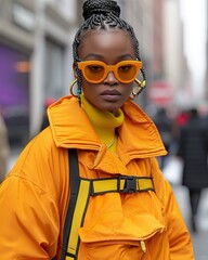 A girl on the street of a modern city. Model on street of new york