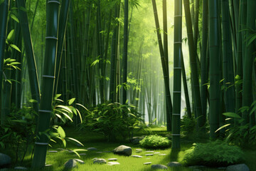 A bamboo forest, with its tall slender stalks and vibrant green leaves