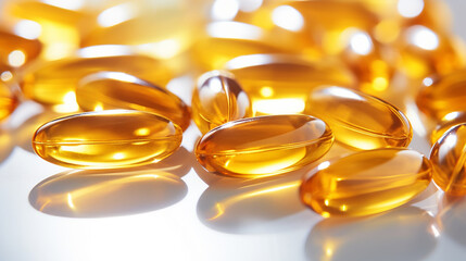 Cod liver oil omega 3 gel capsules close up. Fish oil capsules.