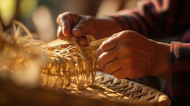 Closeup of a basket weavers hands deftly intertwining thin strips of bamboo into a sy basket.