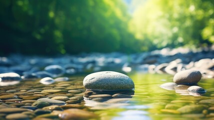 Closeup of a smooth river rock, sitting peacefully beside a calming stream, representing the balance and grounding that can be found at the retreat.