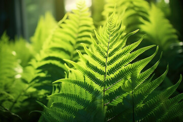 A vibrant green fern in the sunlight, with a backdrop of dense foliage