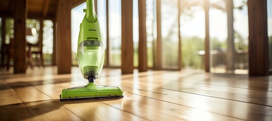 Homemaker skillfully operating electric vacuum cleaner in close up shot of immaculate room