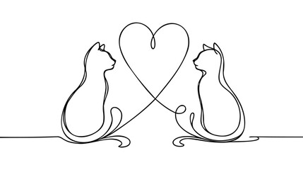 One line continuous cats and heart symbol. Line art love banner concept. Hand drawn, outline vector illustration