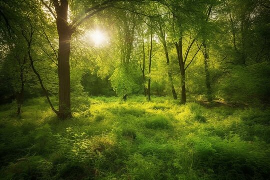 A beautiful scene of vibrant green forest illuminated by warm sunlight. Generative AI