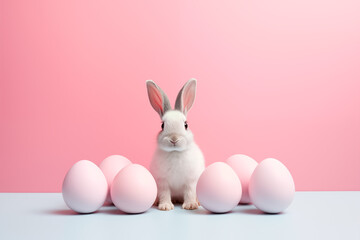 Rabbit with pink Easter eggs with pink background. Image with copy space. Minimalism. Easter concept. Generative AI