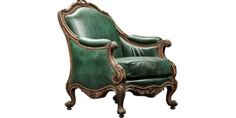 Antique green armchair on a white background. Old palace furniture. Side view.