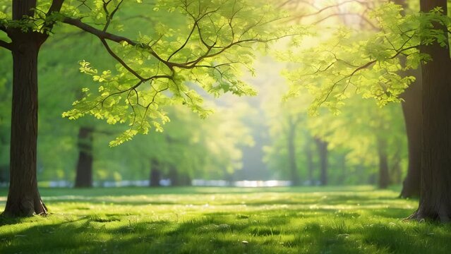 Soft sunlight filtering through trees and green leaves

