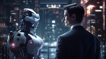 Person Talking to Futuristic AI Robot. Innovation, Communication, Conversation, Talk, Future
