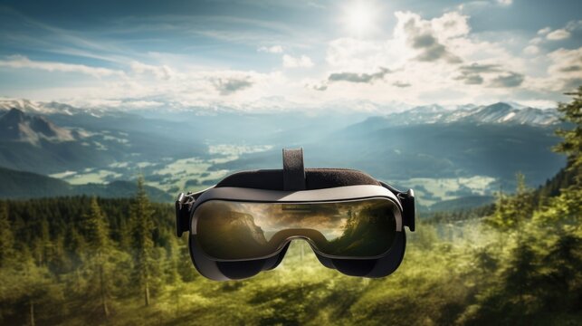 Tight shot of a virtual reality game screen, displaying a lifelike, expansive landscape with endless possibilities.