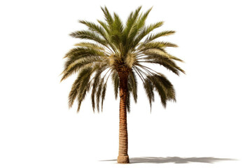 A mature palm tree with its tall trunk and long fronds, isolated on white background
