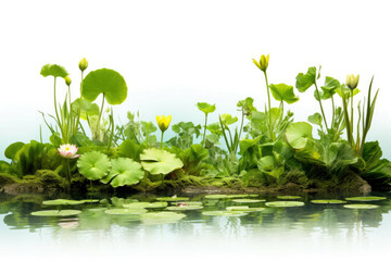 A small pond with lily pads and other aquatic plants, isolated on white background