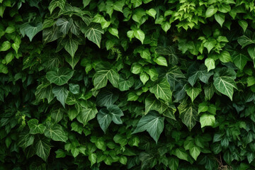 A vine covered wall with lush green leaves and a variety of other plants, isolated on white background