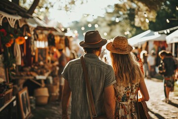 Obraz premium Back view of a couple walking in a traditional art market. Tourists visit a craft and art exhibition stand