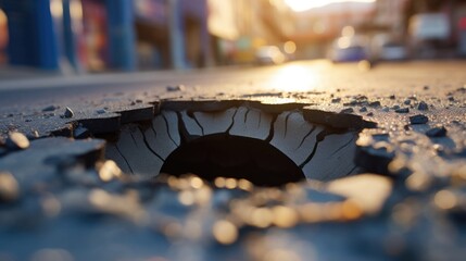 Closeup of 3D street art, creating the illusion of a gaping hole in the ground.