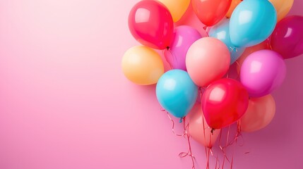 Bunch of bright balloons on pink background, space for text.