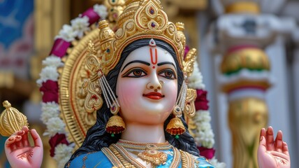Colorful statue of a Hindu Goddess with traditional attire and ornaments