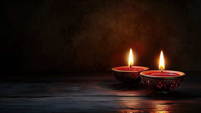 Two lit diyas on dark wood with a rustic backdrop