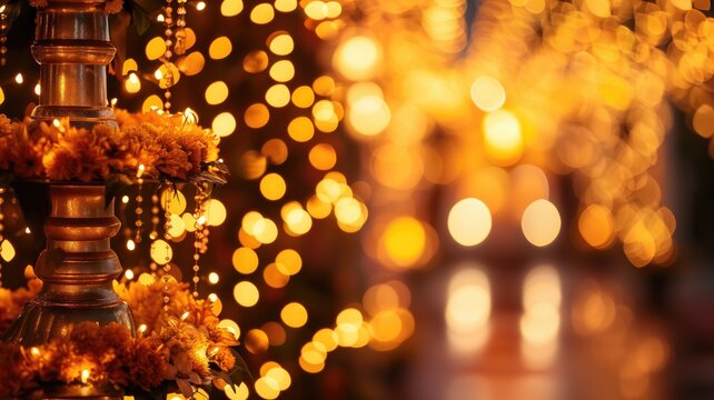 Golden lamp with marigolds against a bokeh light background