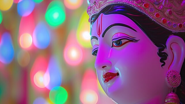 Vivid statue of a Hindu Goddess with a colorful bokeh light background