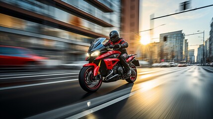 Adrenaline fueled motorcycle rider racing on asphalt road at high speed - obrazy, fototapety, plakaty