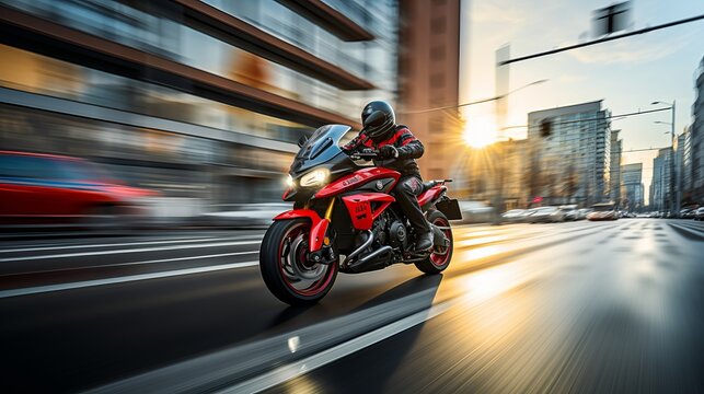 Adrenaline fueled motorcycle rider racing on asphalt road at high speed