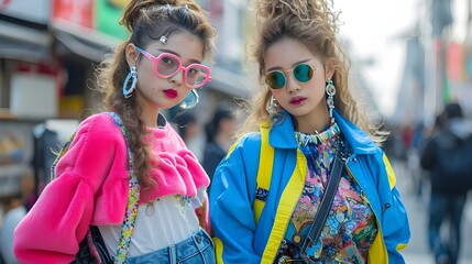 Young japanese asian girls sunglasses 80s colorful retro vintage aneme cosplay fashion tokyo shibuya crowd street shopping.