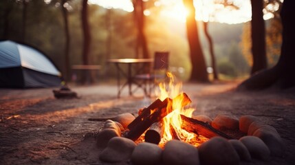 Closeup of a peaceful campsite with a campfire, surrounded by tall trees and a serene natural landscape. - obrazy, fototapety, plakaty