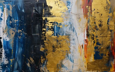 Abstract painting featuring ultramarine, gold, green, cream patterns.  Perfect for adding a pop of color to websites, social media posts or printed materials.