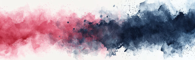 Watercolor abstract background on white canvas with dynamic mix of dark red and dark blue colors, banner, panorama - obrazy, fototapety, plakaty