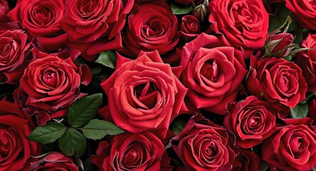 Romance in Red Roses bouquet, full frame, close-up, floral texture, velvety petals, various stages of bloom, romantic theme, rich color palette, floral background Bouquet of Passion