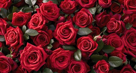 Romance in Red Roses bouquet, full frame, close-up, floral texture, velvety petals, various stages of bloom, romantic theme, rich color palette, floral background Bouquet of Passion