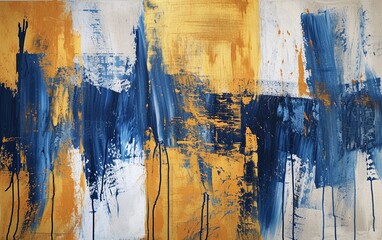 Abstract paintings feature ultramarine, gold, cream patterns.  Perfect for adding a pop of color to websites, social media posts or printed materials.